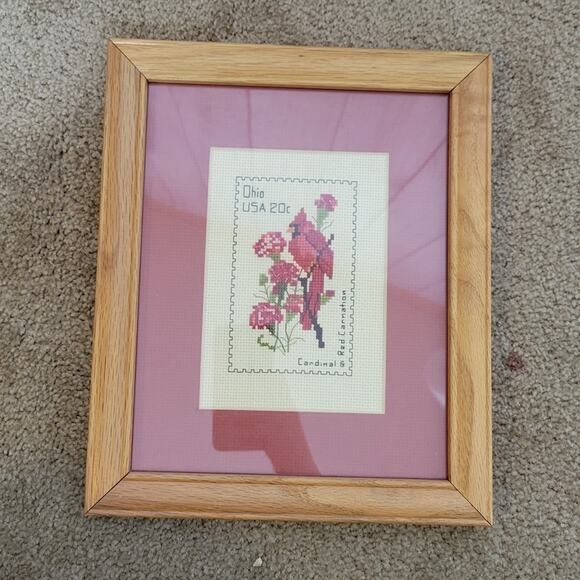 Vtg Framed Cross Stitch Cardinal & Red Carnation Ohio Postage Stamp, 9.5x11.5 - Picture 2 of 4